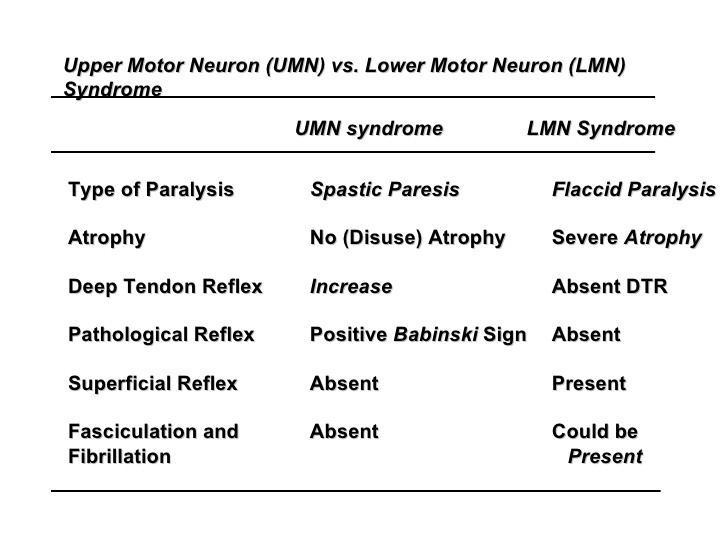 Difference between upper an dlower motor neuron lesions